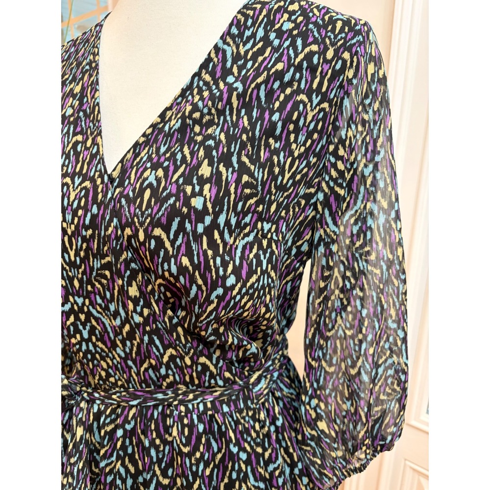 ESQUALO Wrap Maxi Dress V Neck Abstract Purple Blue Sheer Sleeve 6 Jewel Toned